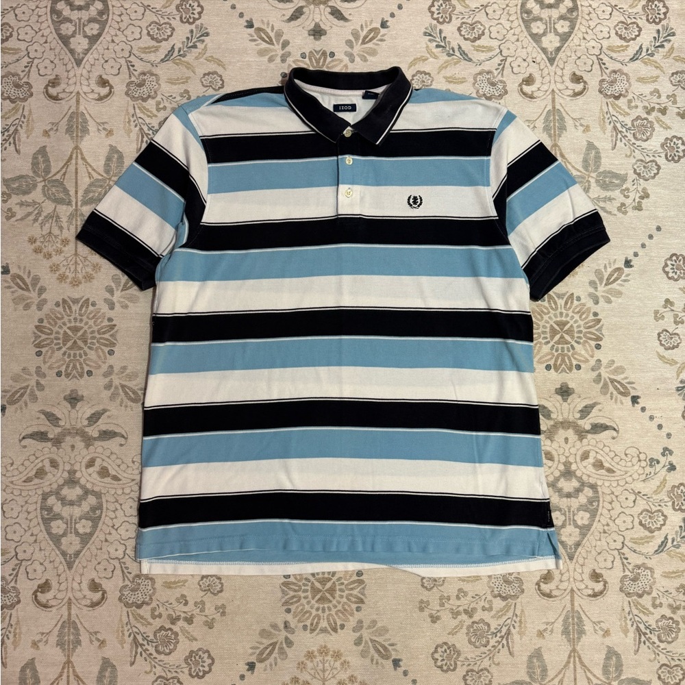 Izod Men's Polo - Light Blue, White & Black Horizontal Stripes